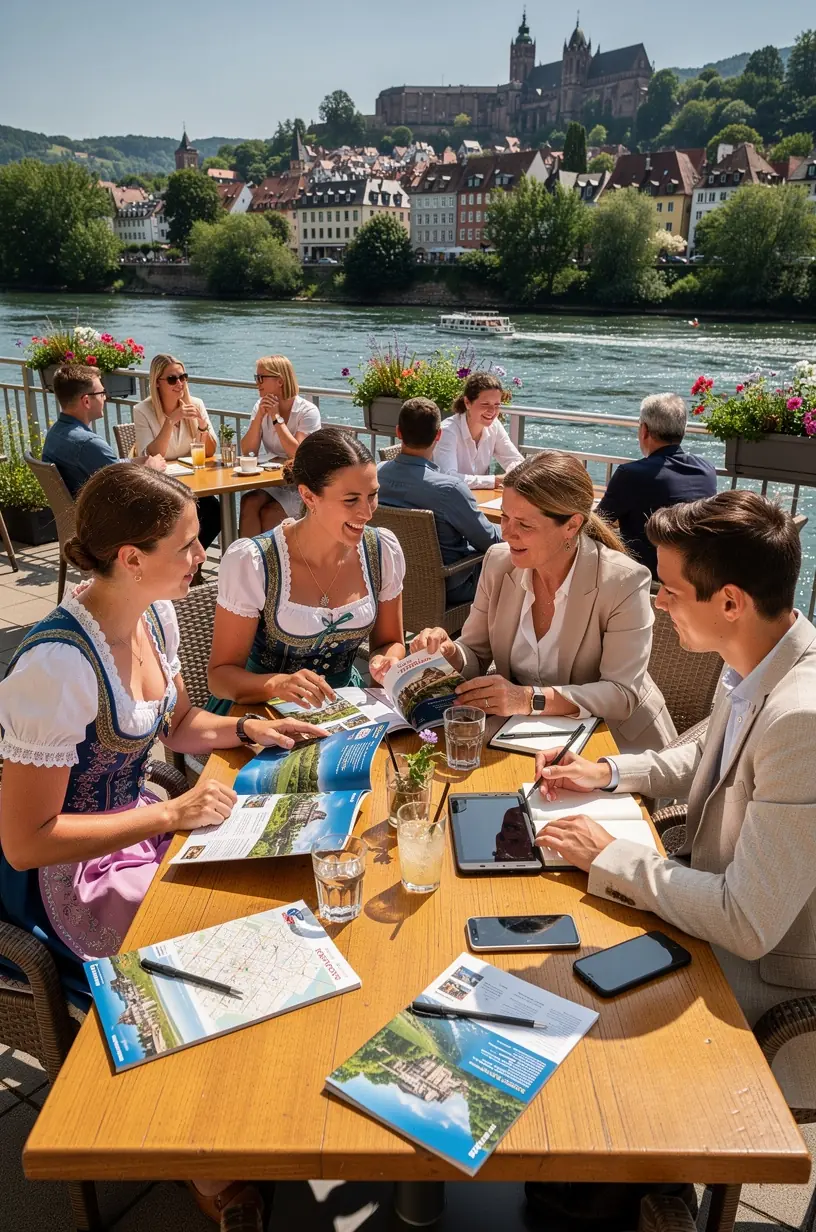 Reisebüro Mitarbeiter zeigt einem Kunden einen digital erstellten Reiseverlauf